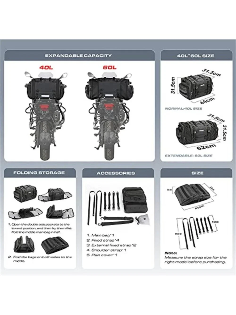 New Rhinowalk Motorcycle Tail Bag Expandable Motorcycle Travel Luggage 60L